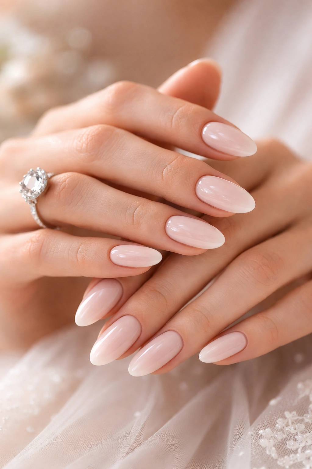 Close-up of hands with elegant nude nails