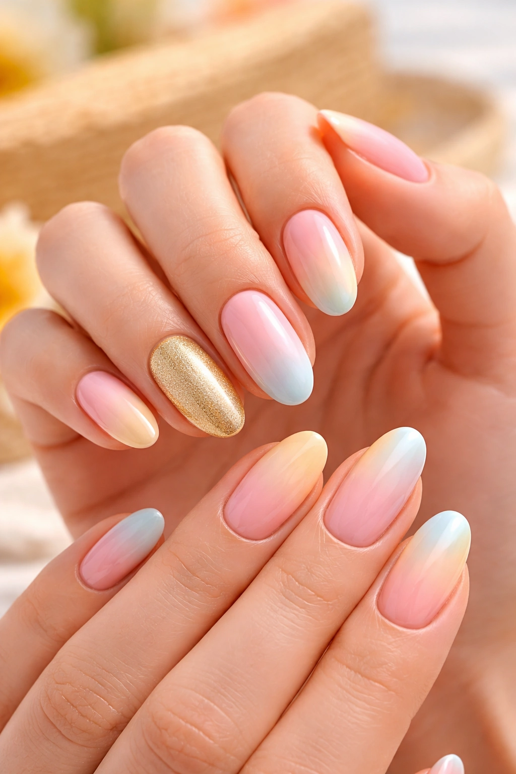 Close-up of hands with oval nails showing a cohesive warm-weather manicure concept