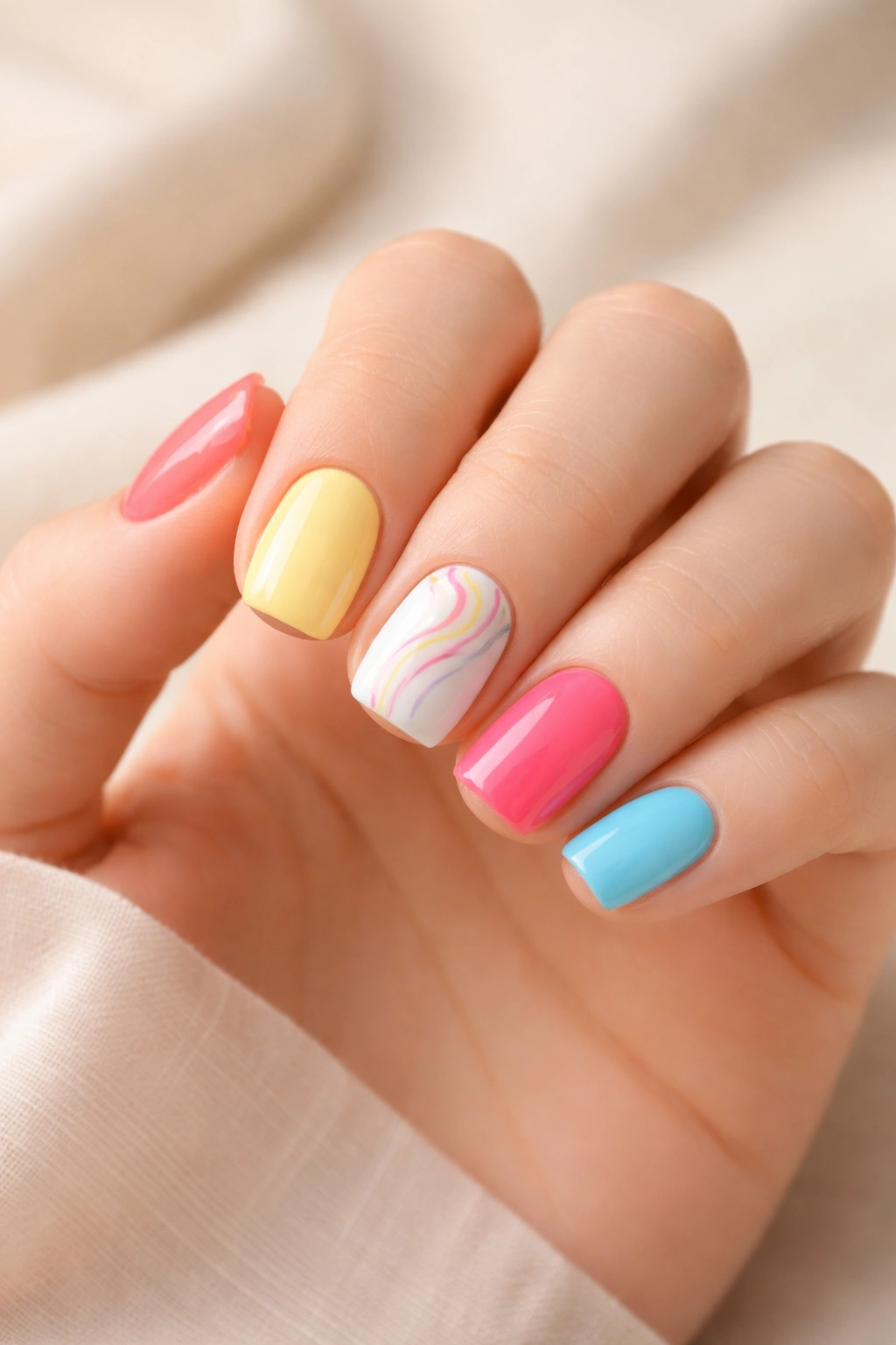 Minimalist close-up of a hand with short squoval nails