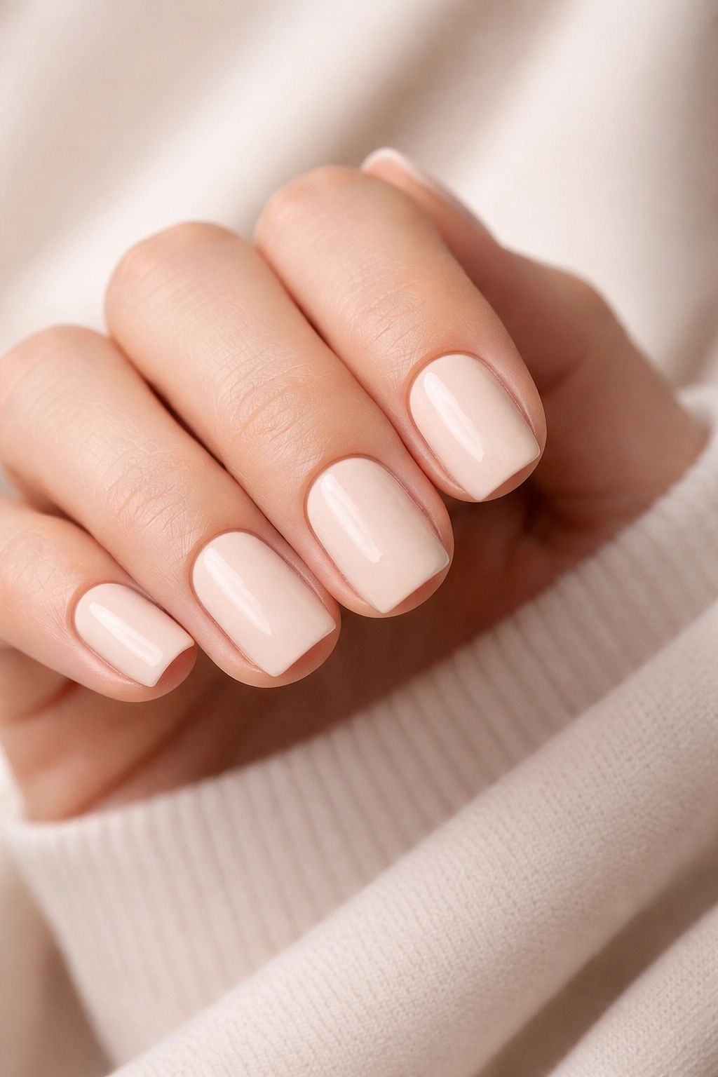 Close-up of short soft square nails in creamy neutral shade showing understated elegance