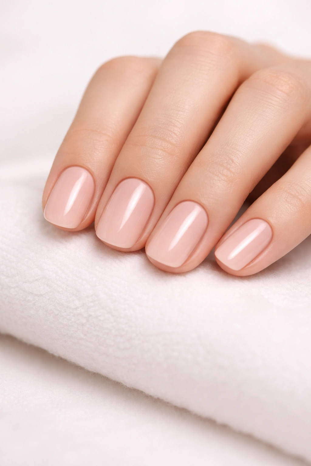 Minimal close-up of nude short squoval nails on a clean surface