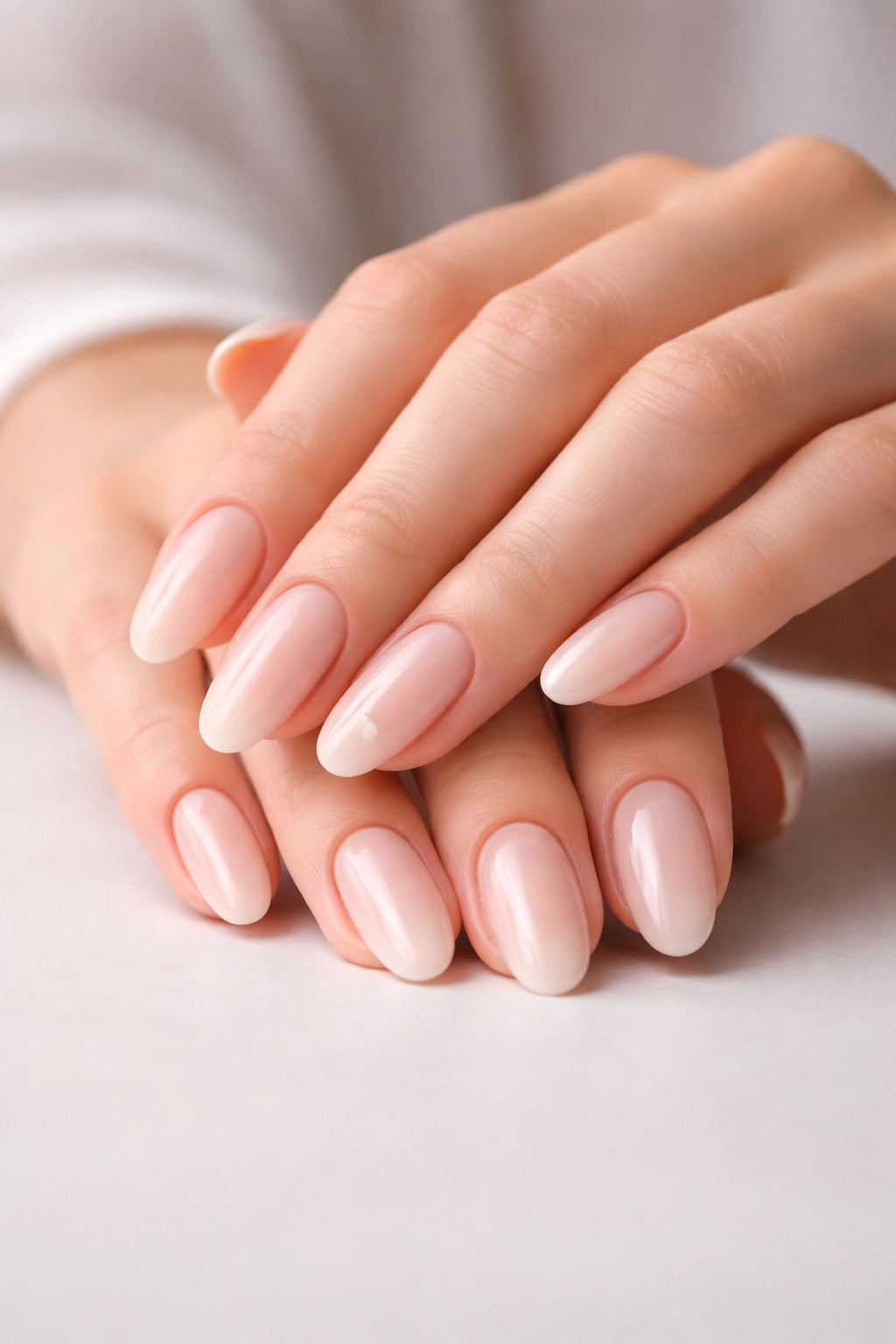 Close-up of hands with minimalist long oval nails in nude tones on a clean surface.