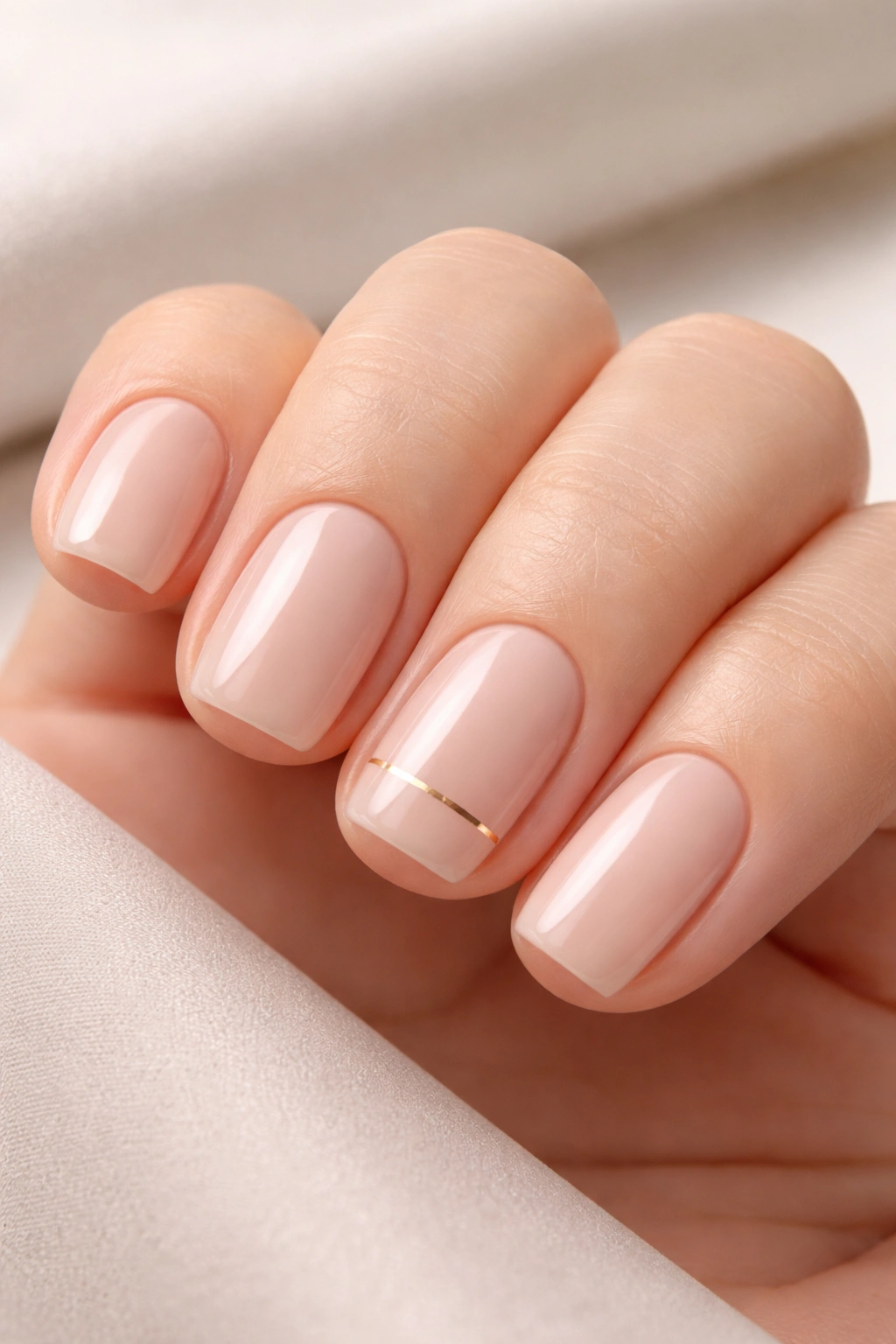 Close-up of short squoval nails with minimalist nude polish and metallic line accent