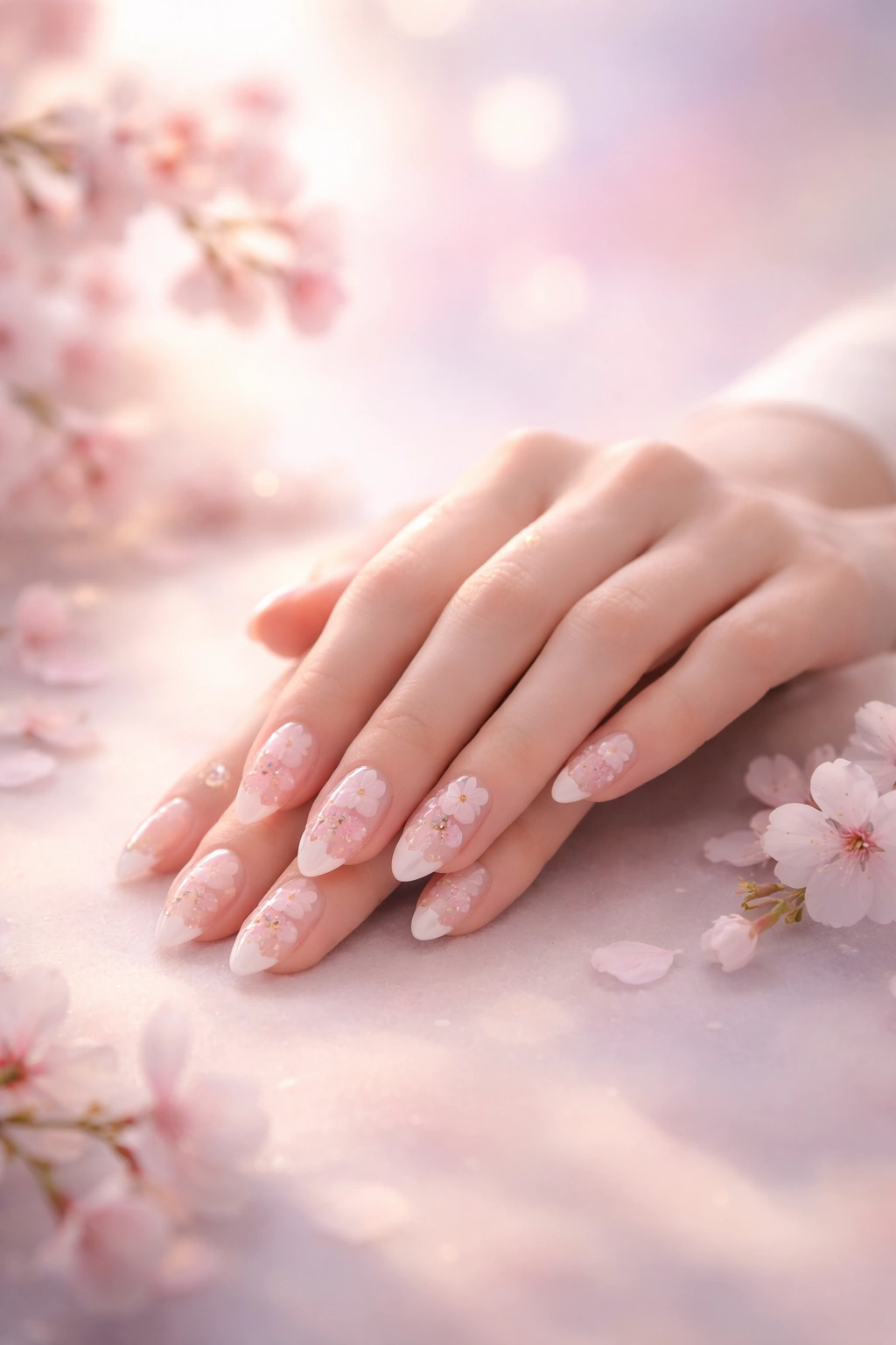 Abstract contemplative mood reflecting on cherry blossom nails