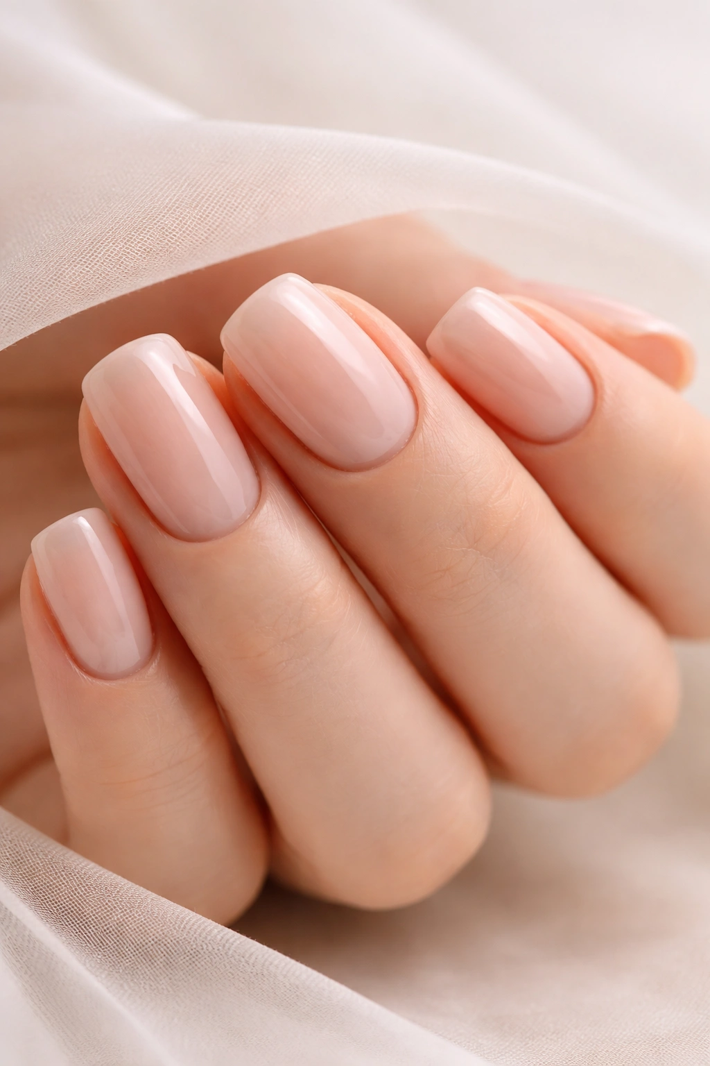 Close-up of natural-finish short squoval nails in a minimalist manicure on a neutral background