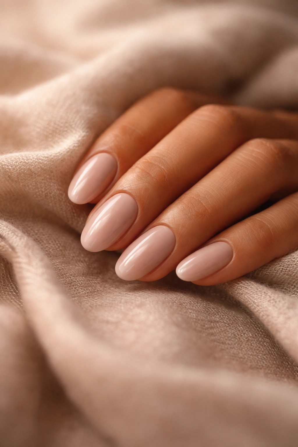 Close-up of hand with neutral nails resting on soft fabric