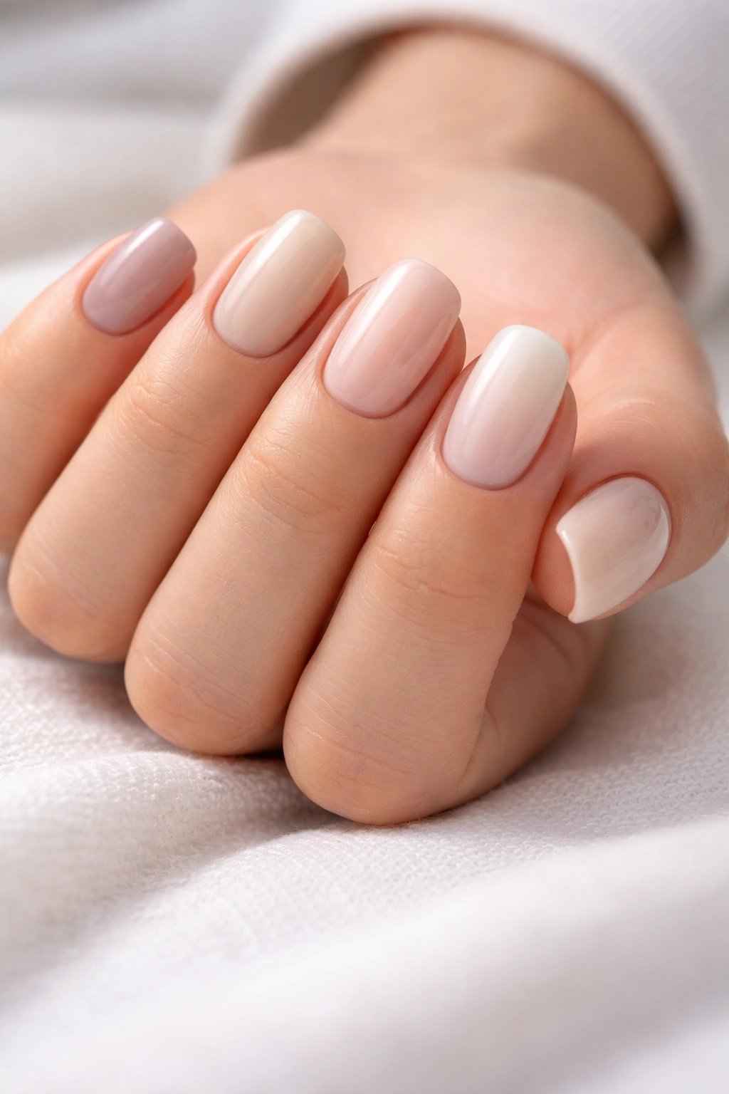 Close-up of neutral-toned squoval nails on a clean surface