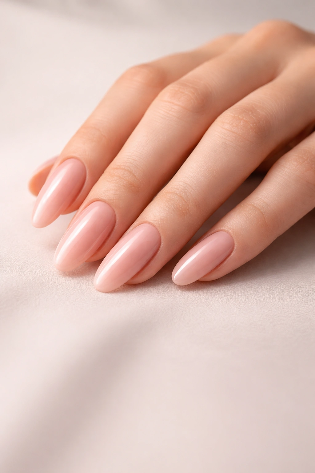 Serene hand with nude pink long oval nails showing timeless elegance