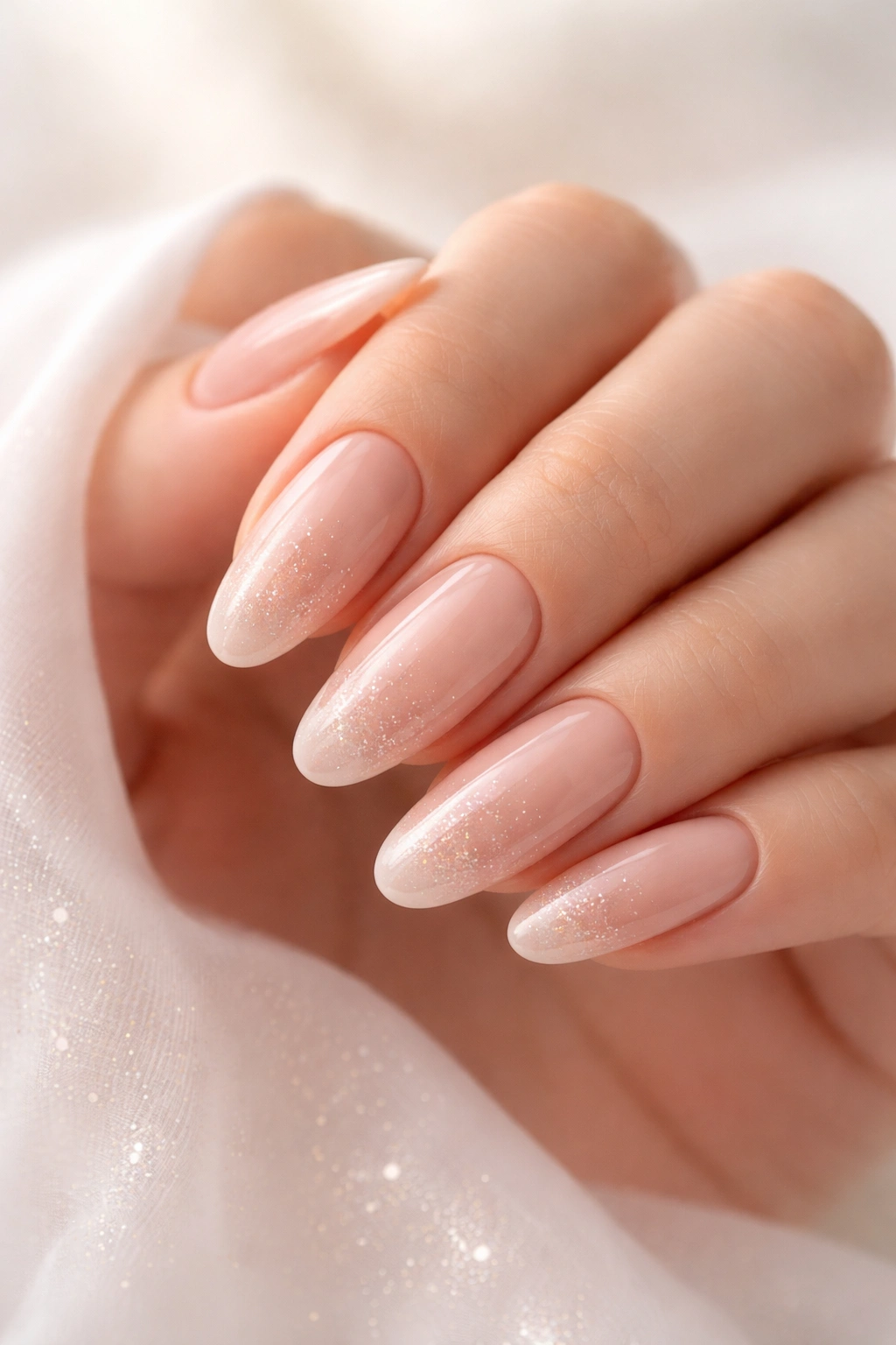 Close-up of long oval nails with nude base and subtle sparkle on a simple hand