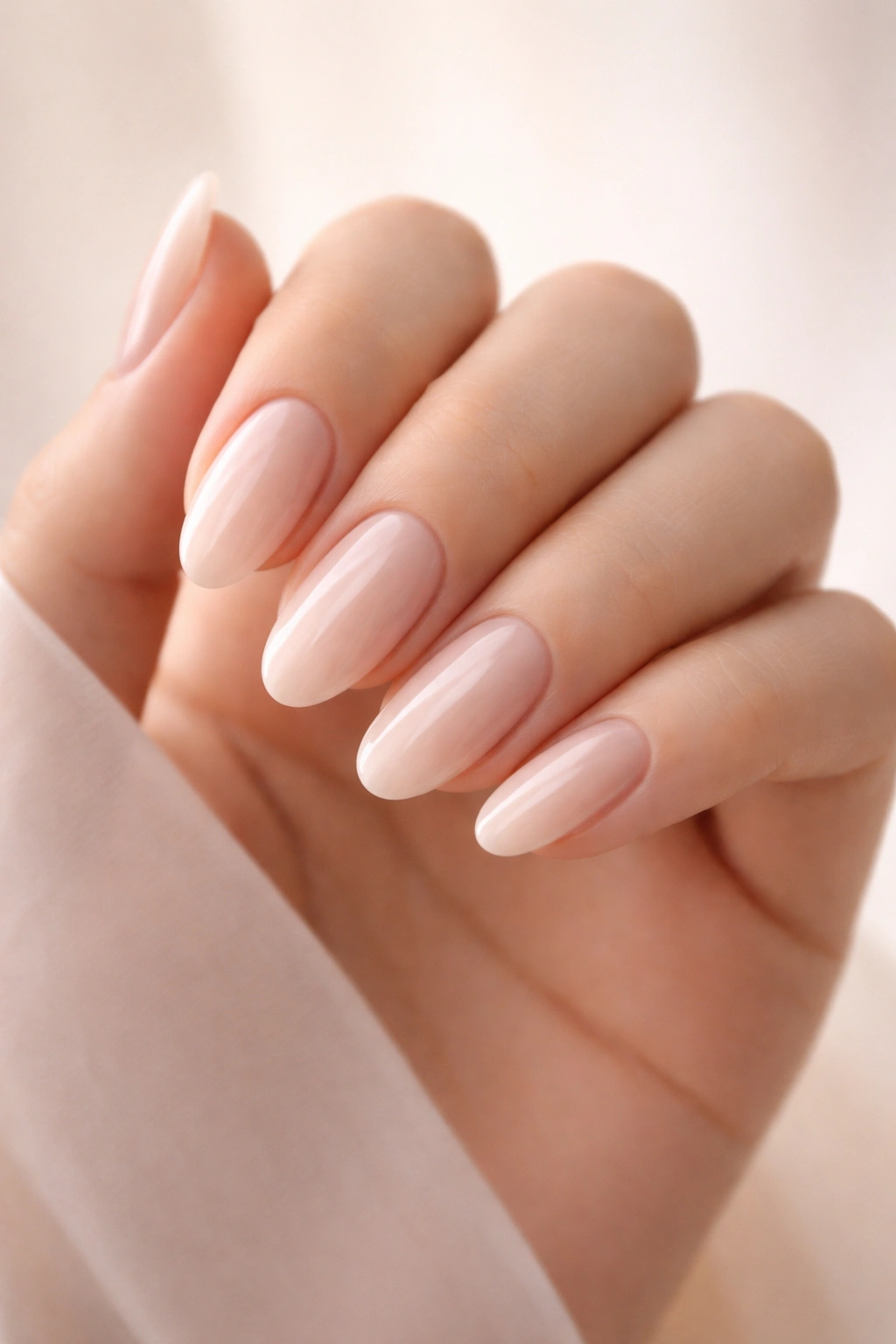 Close-up of oval nails in a neutral palette.