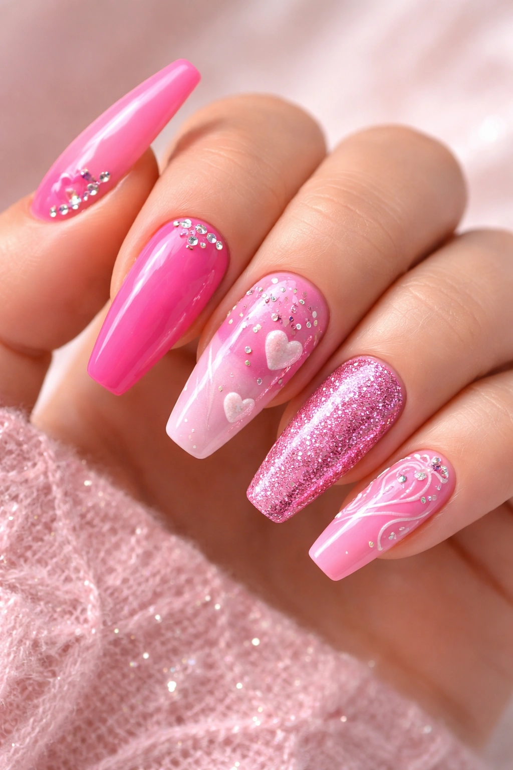 Nails displaying a variety of Barbie-pink designs for final thoughts