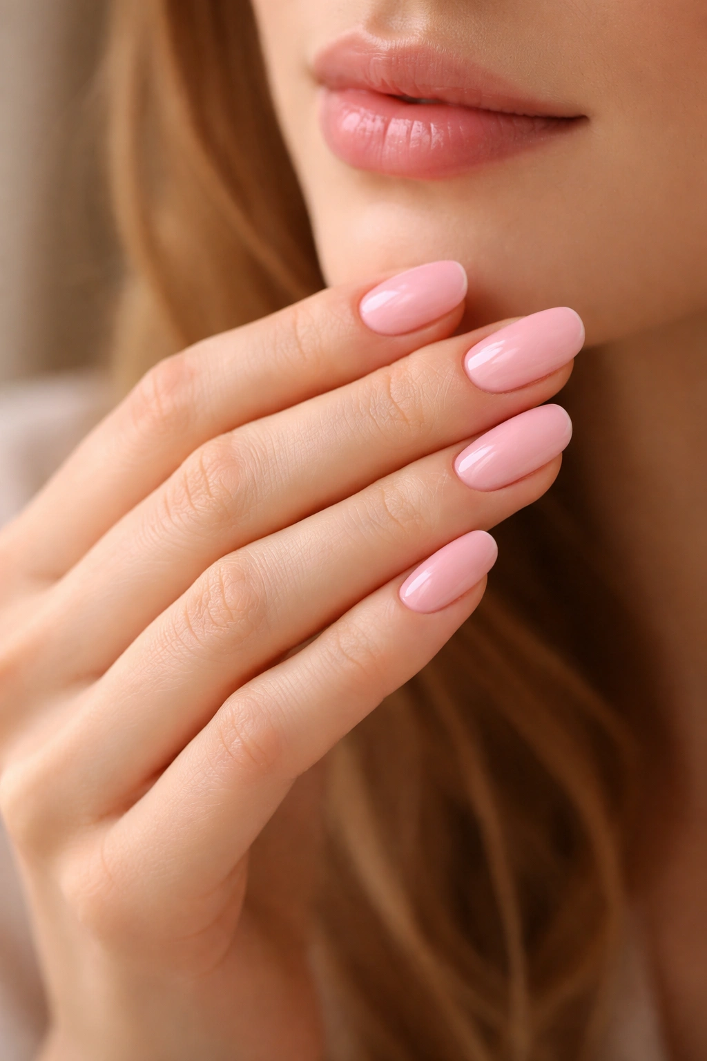 Close-up of a hand with a baby pink manicure in a contemplative pose