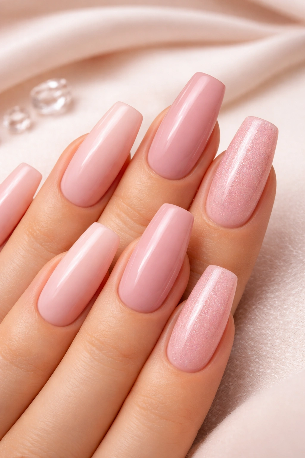 Close-up of pink-toned tapered soft square nails on a neutral surface