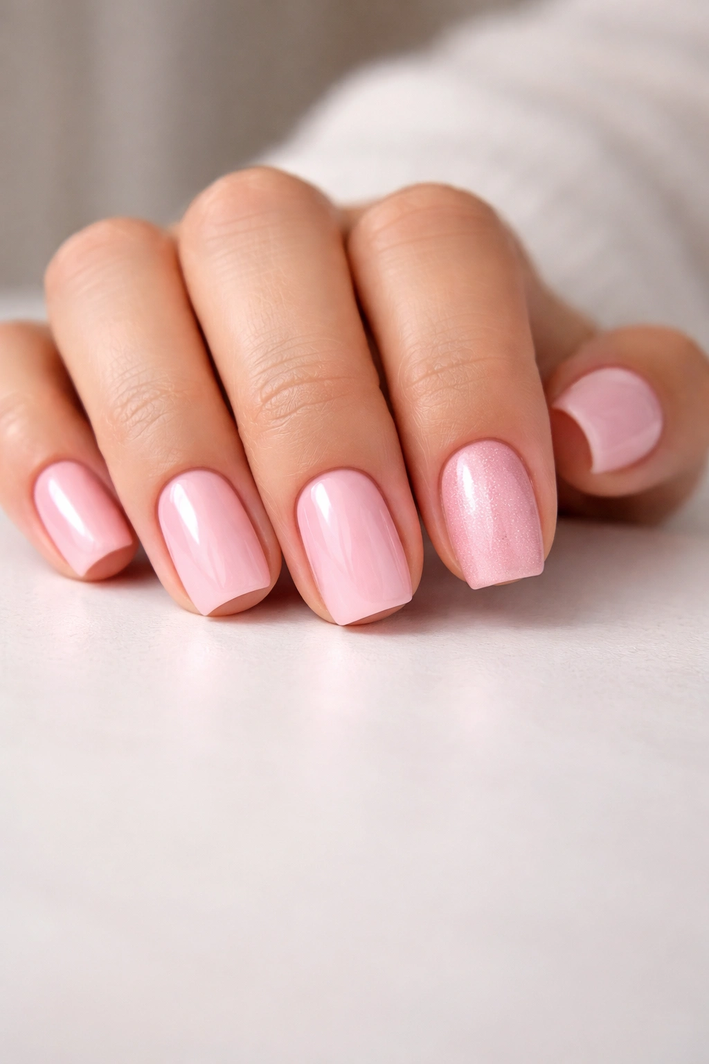 Close-up of pink squoval nails on a clean surface