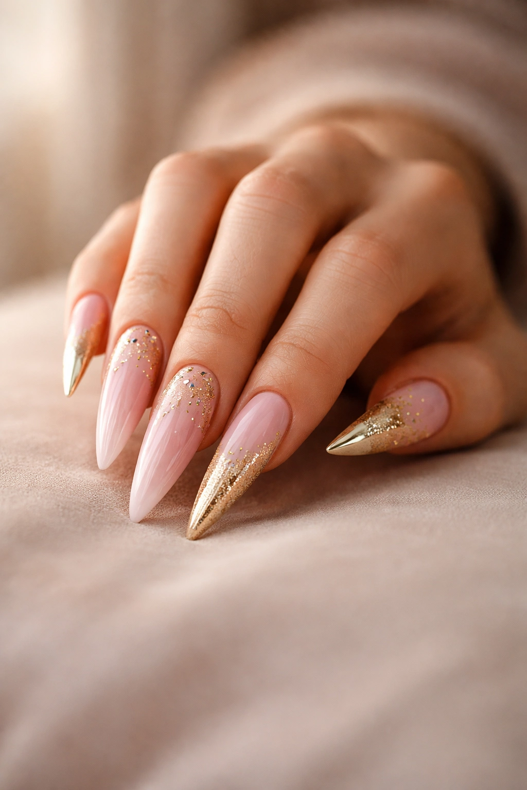 Close-up of a hand showing pink and gold stiletto nails in a contemplative pose
