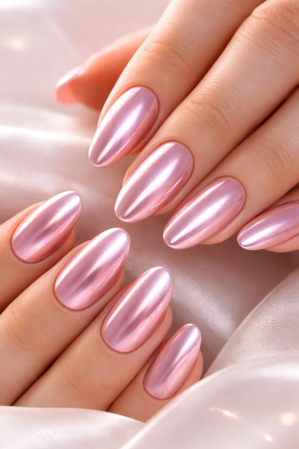 Soft pink chrome nails with reflective finish on clean surface