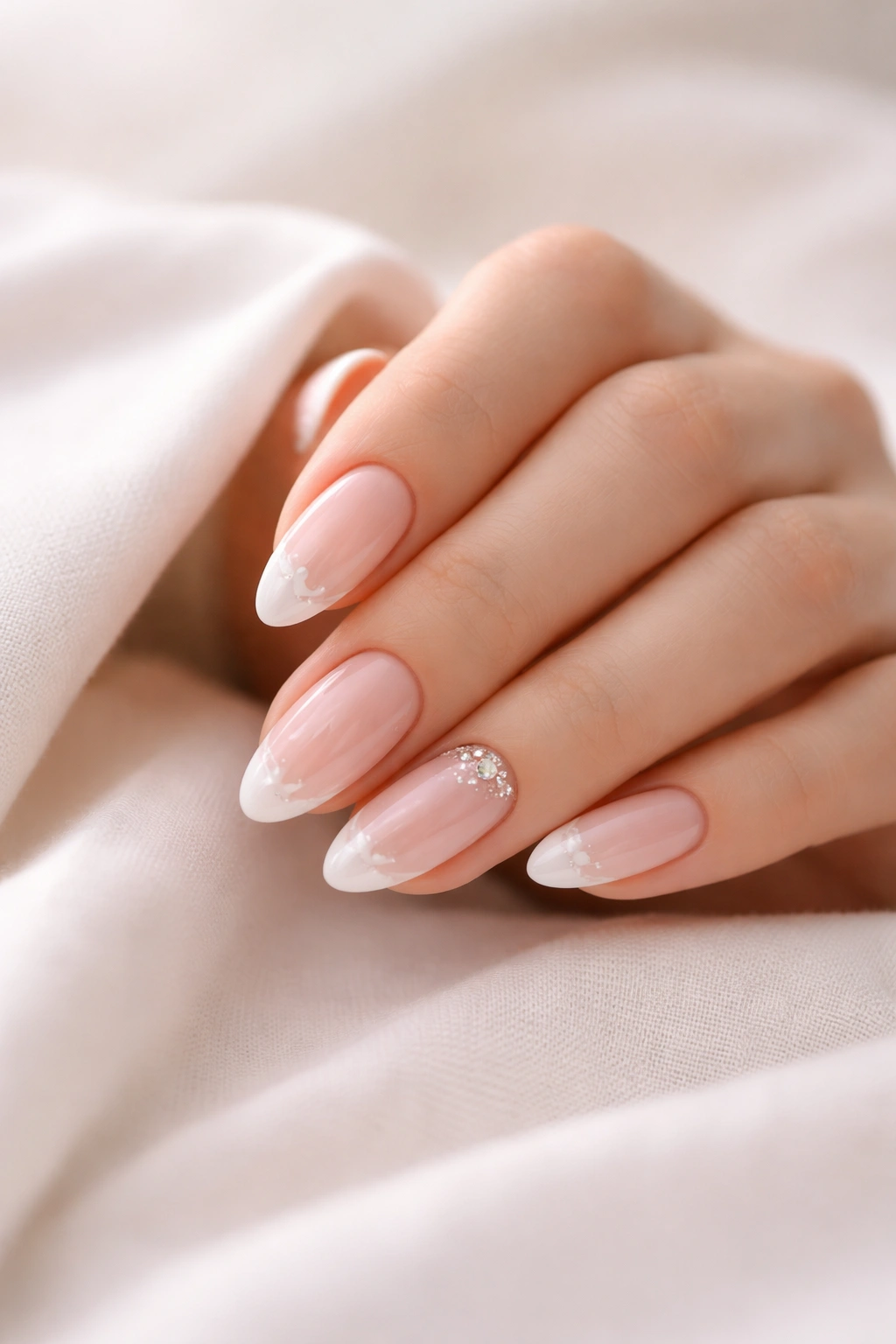 Hand displaying well-manicured nails in a contemplative pose