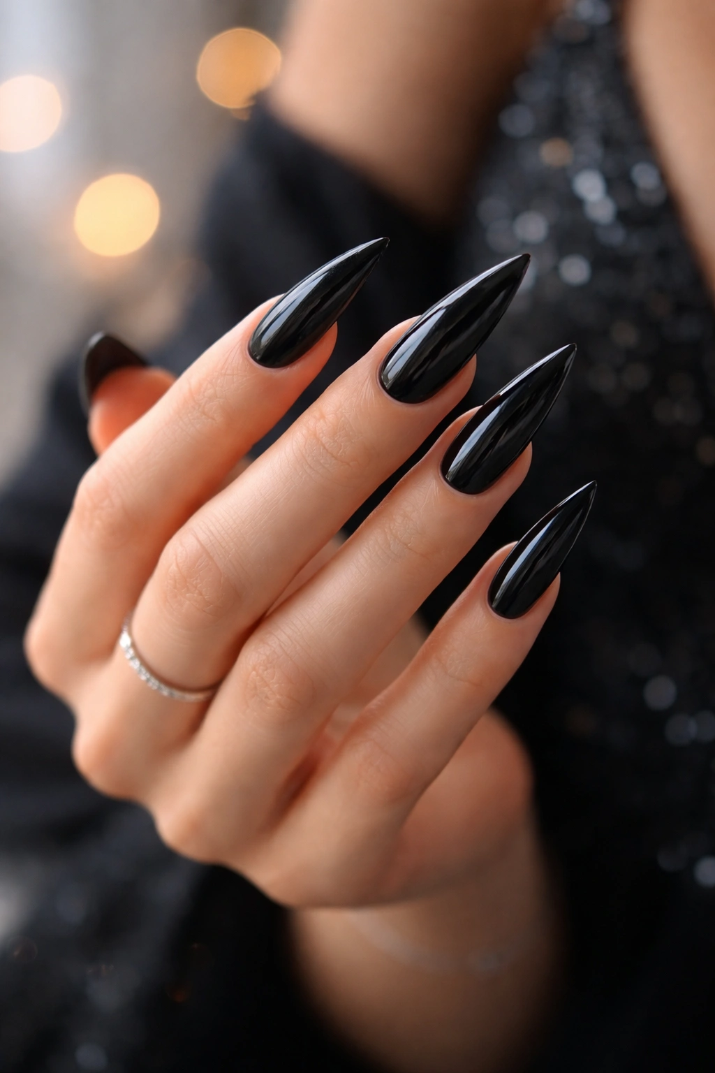 Close-up of hand with black stiletto nails in a confident pose
