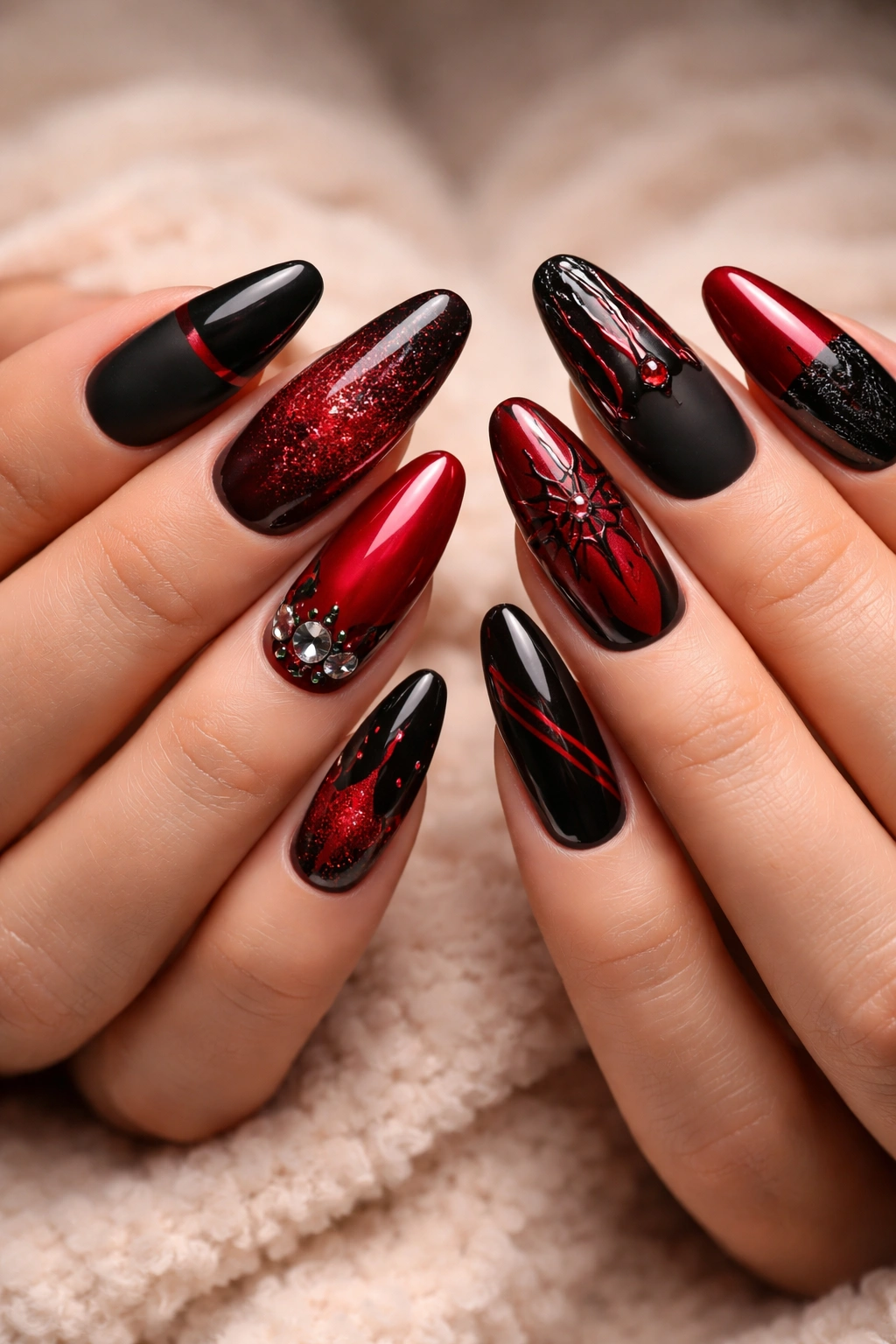 Close-up of red and black nail designs in matte and glossy finishes