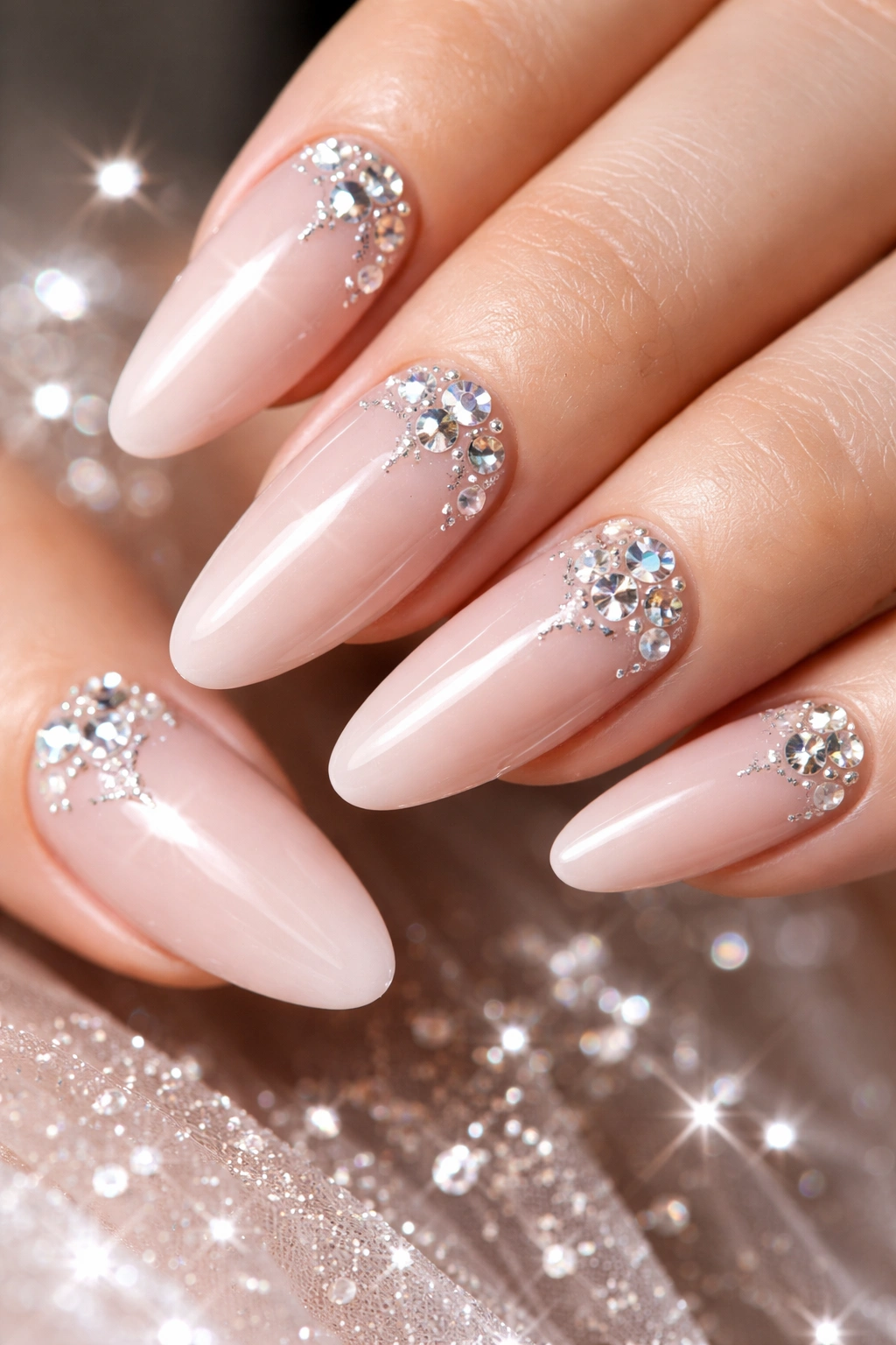 Close-up of elegant rhinestone nails with strategically placed stones