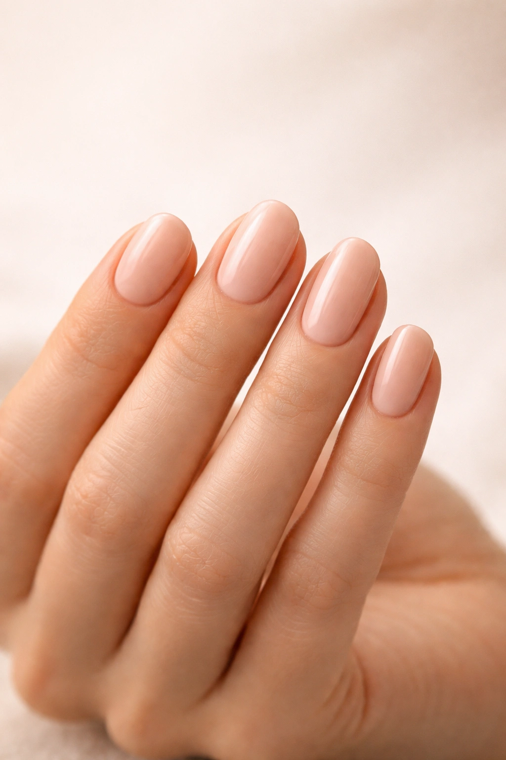 Close-up of a hand showing five short nail shapes (round, squoval, oval, square, almond) on a neutral background