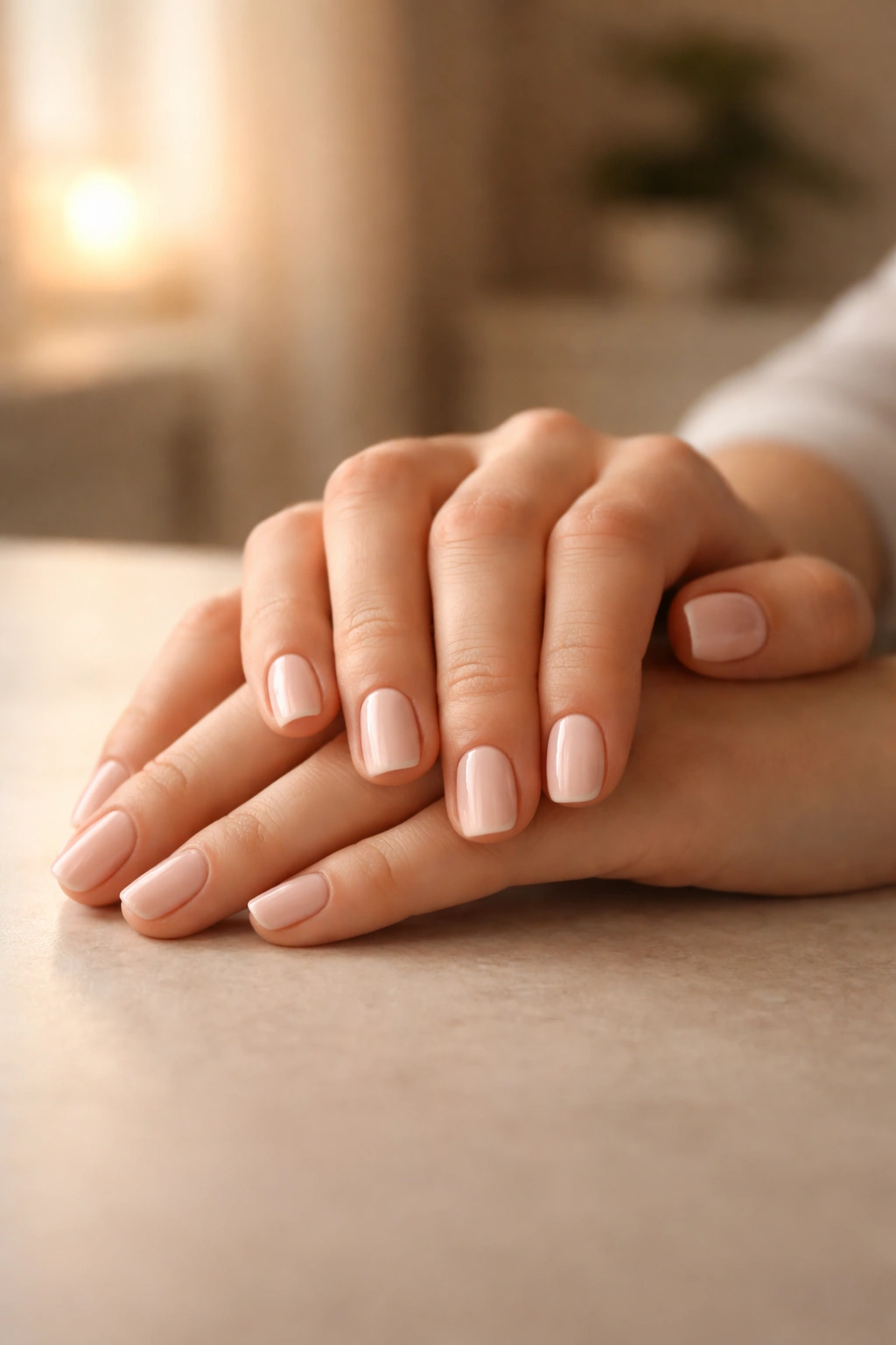 Hands with short nails resting in a contemplative pose against a soft background