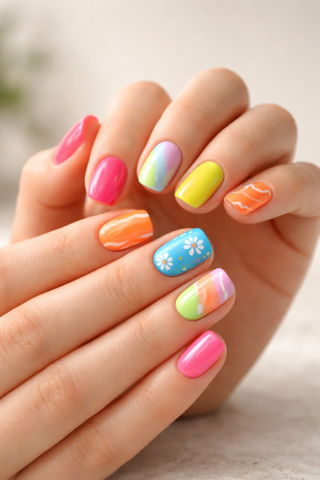 Close-up of hands with short squoval nails in bright colors on a neutral background.