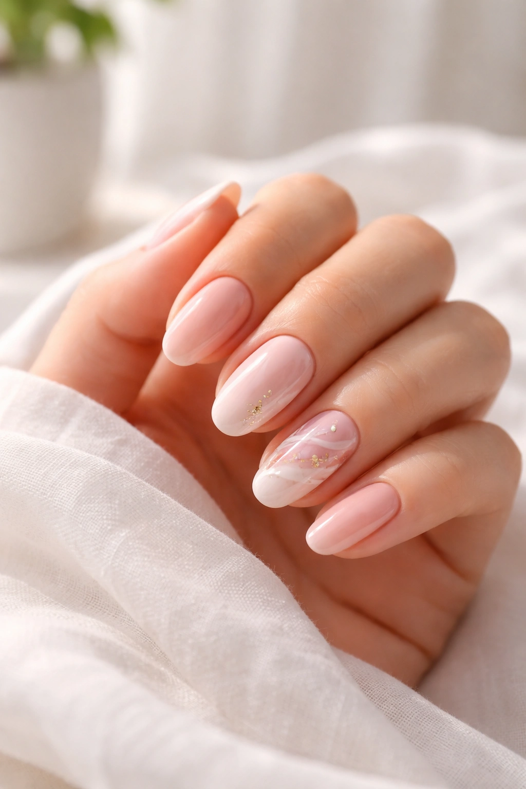 Close-up of a hand with a simple manicure in a calm final thoughts setting
