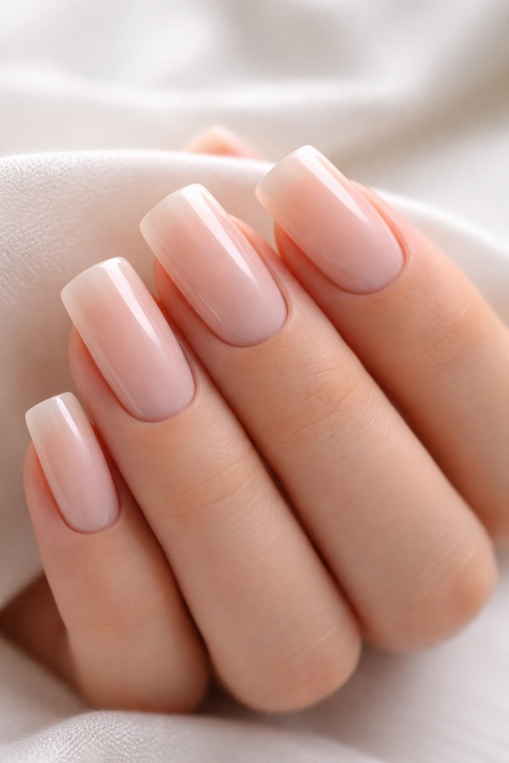 Close-up of nude square nails with crisp edges