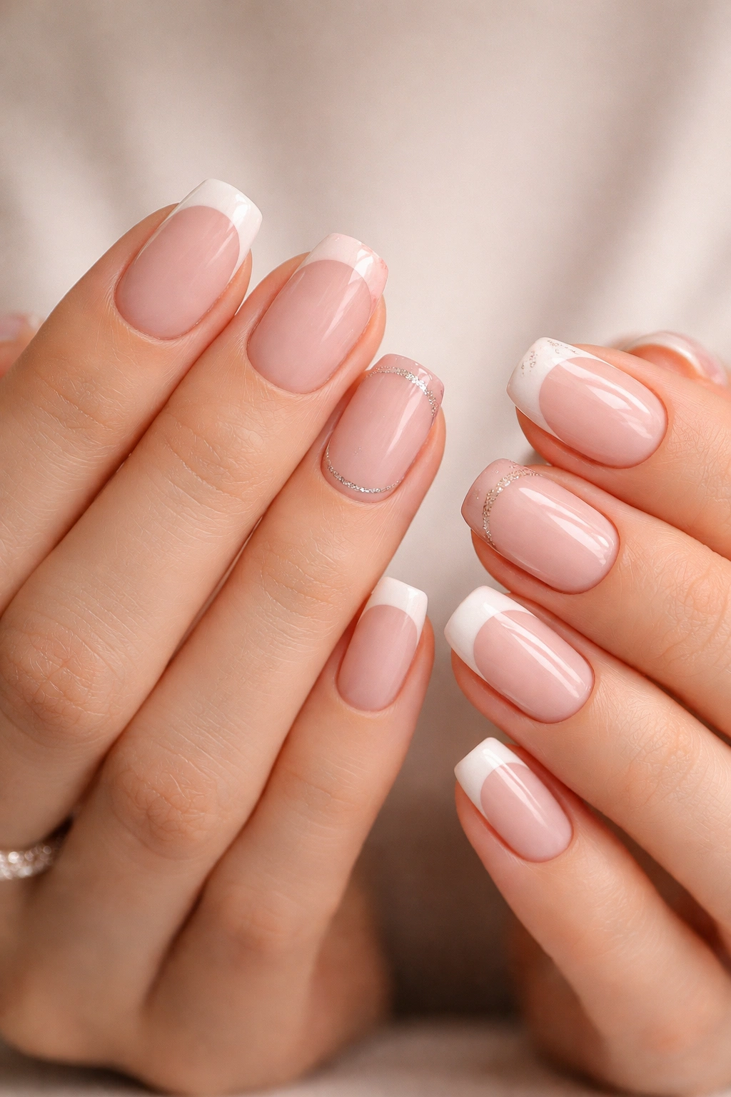Hands with short squoval nails showing versatile French tip styles