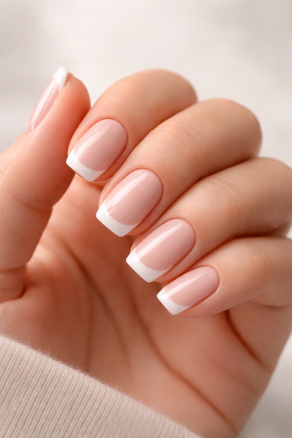 Close-up of hand with slender squoval nails in nude tone