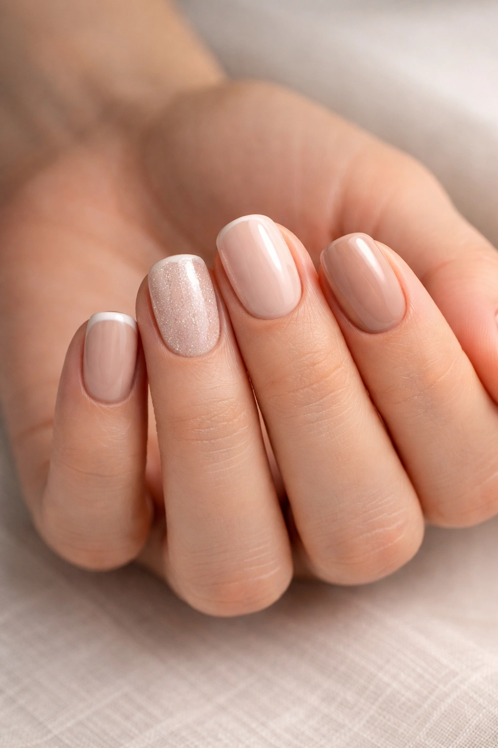 Close-up of a hand with cohesive neutral-toned short squoval nails