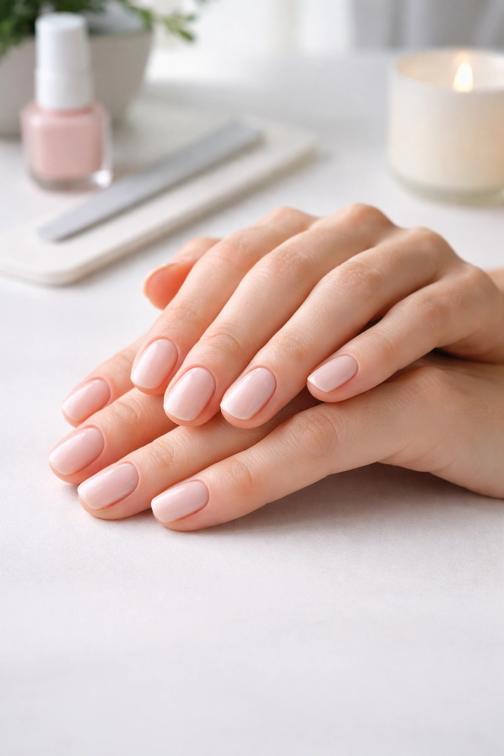 Hands with short squoval nails resting on a desk in soft light