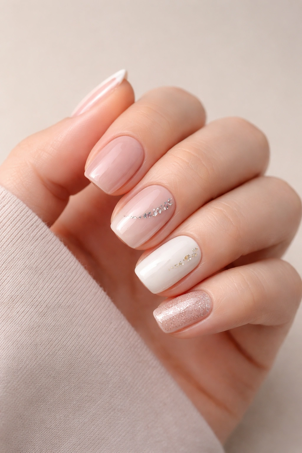 Close-up of a hand with short squoval nails in a thoughtful pose.