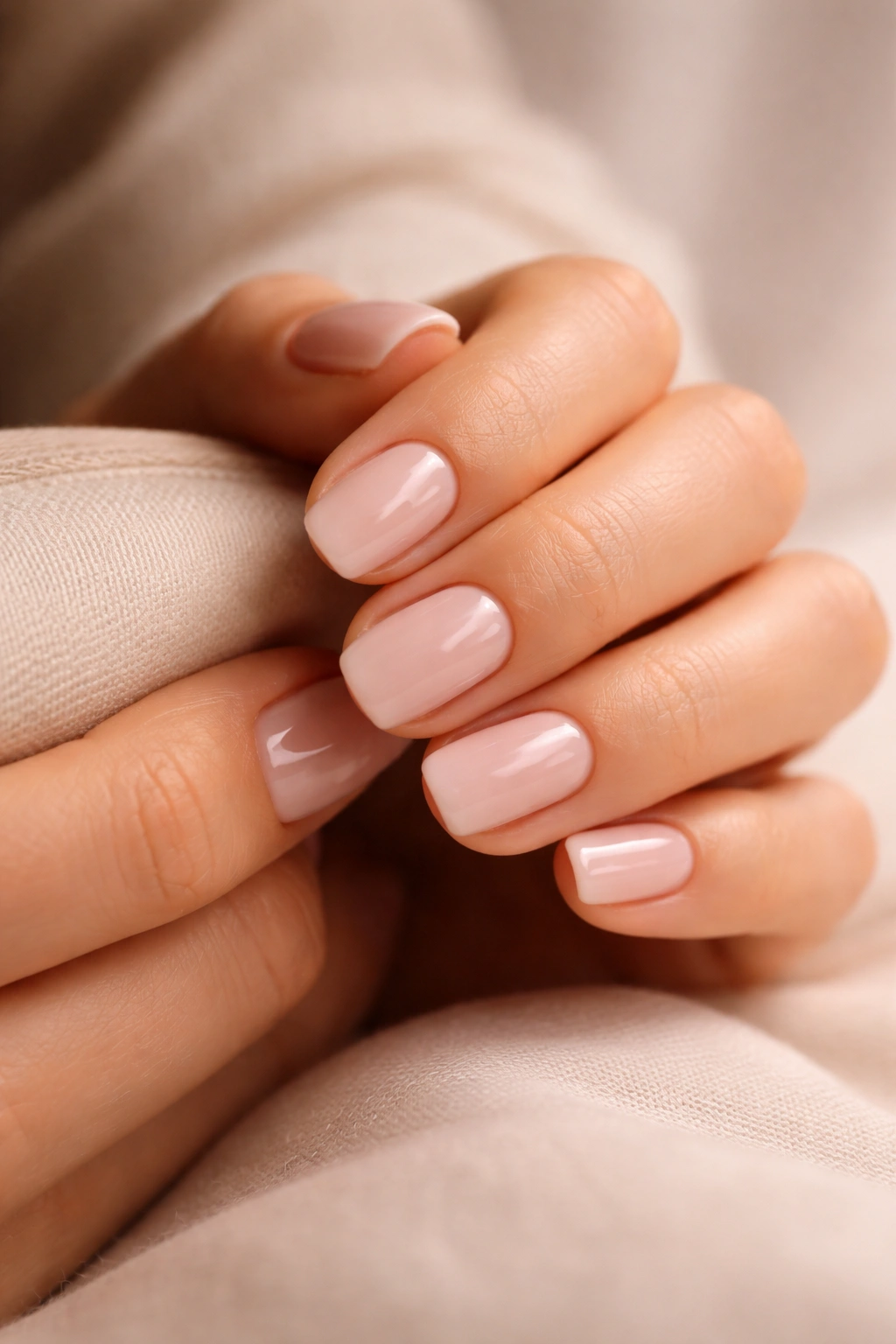 Close-up of a hand showing short squoval nails in a contemplative pose on a neutral background