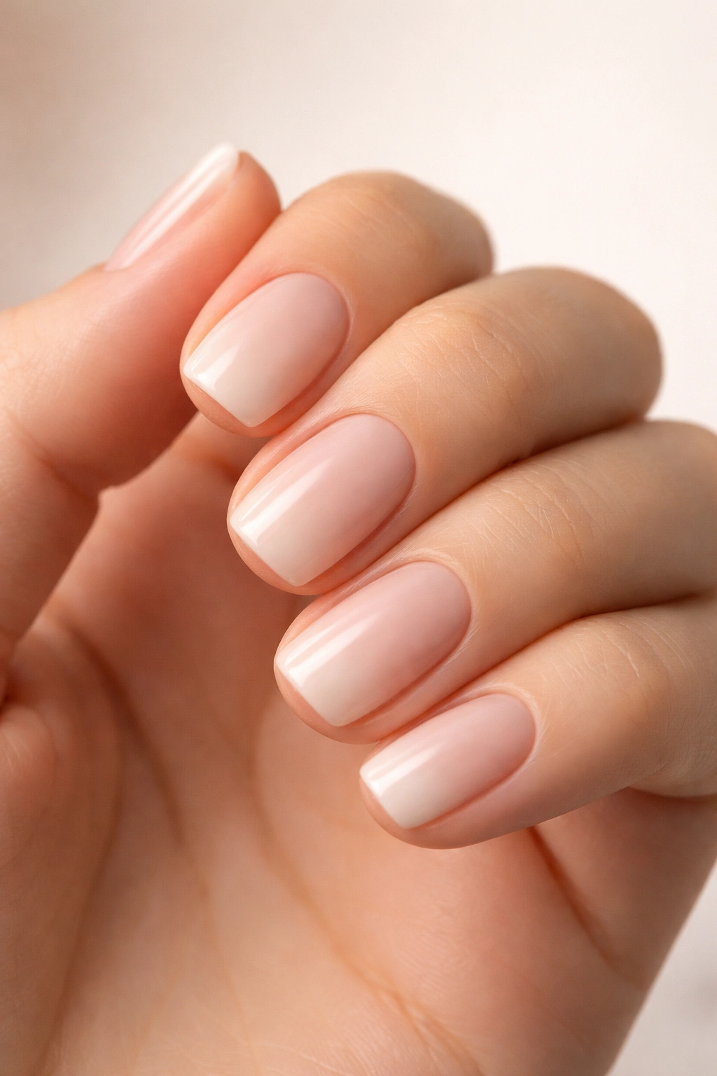 Hand with short squoval nails in a neutral gradient