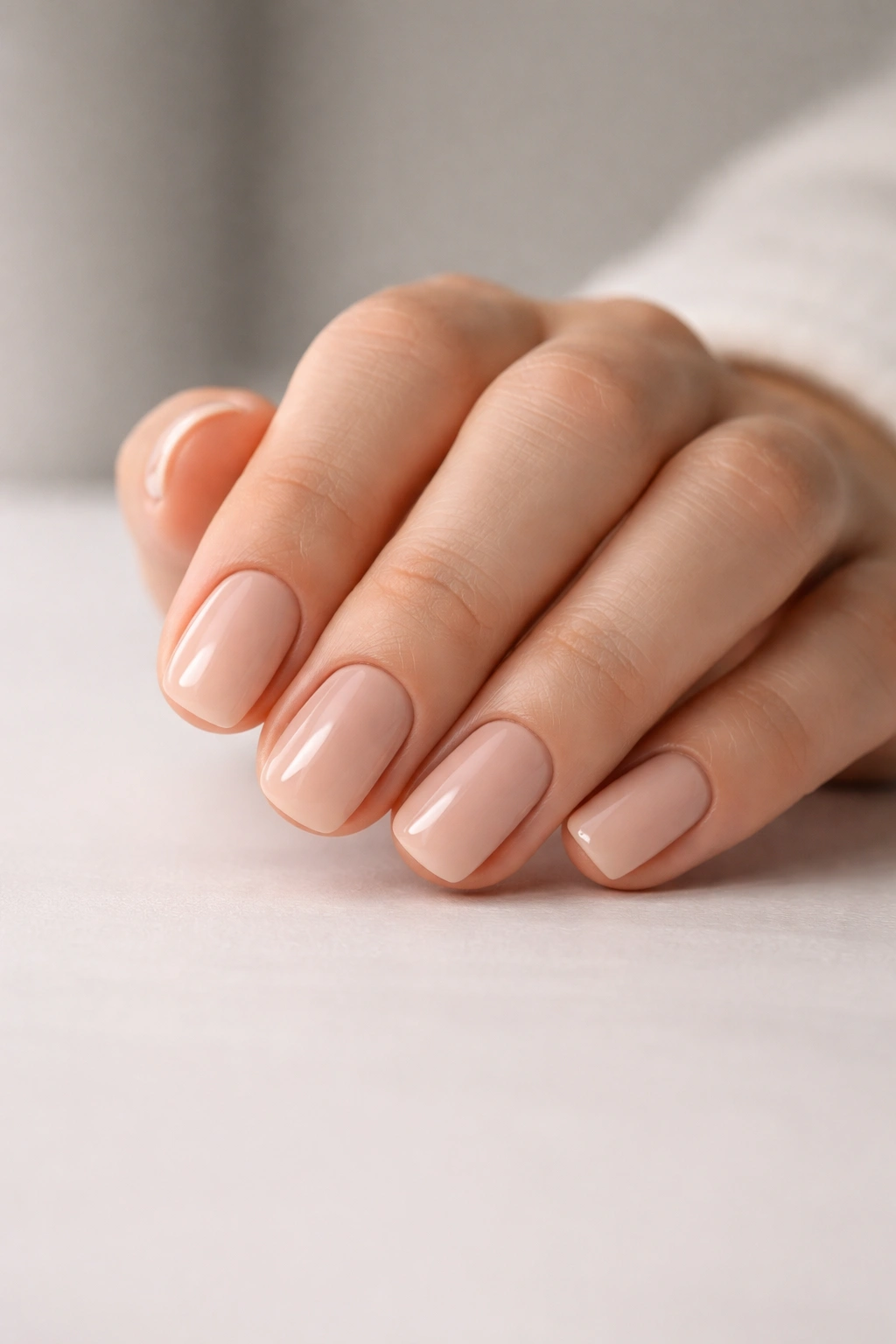 Close-up of a hand with short squoval nails in neutral nude tone