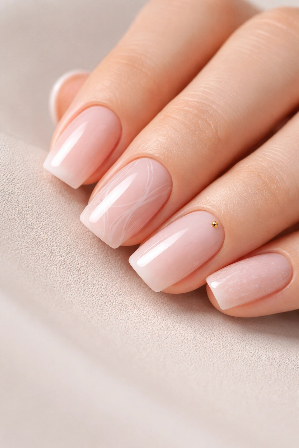 Close-up of short squoval acrylic nails on a neutral background