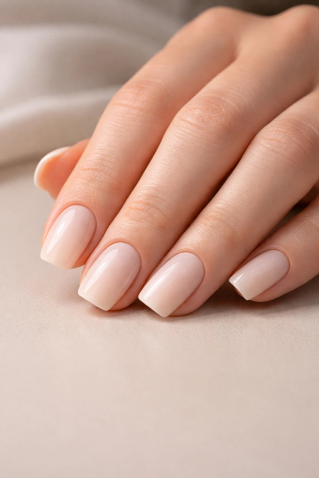 Close-up of a hand showing short light-toned squoval acrylic nails on a neutral background