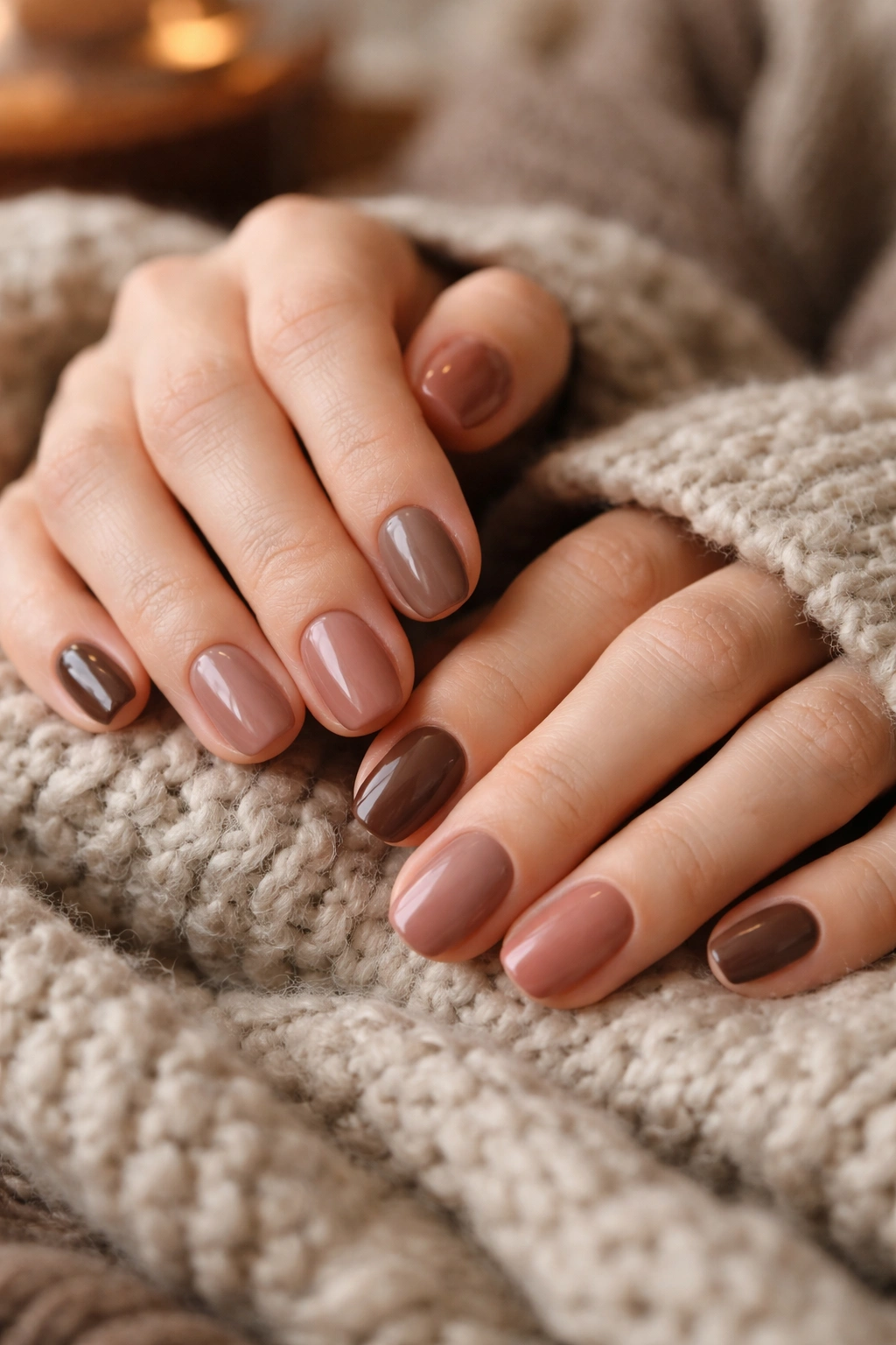 Close-up of hands showing short squoval nails in warm brown and dusty rose polish on a cozy blanket