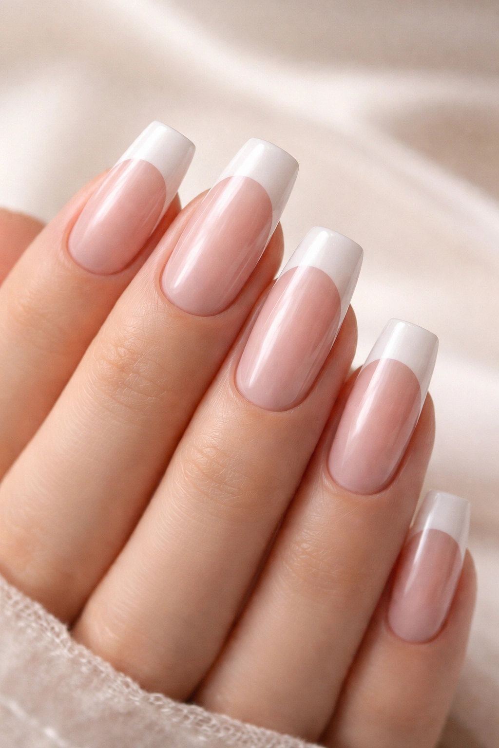Close-up of long squoval French tip nails with white tips on a neutral background