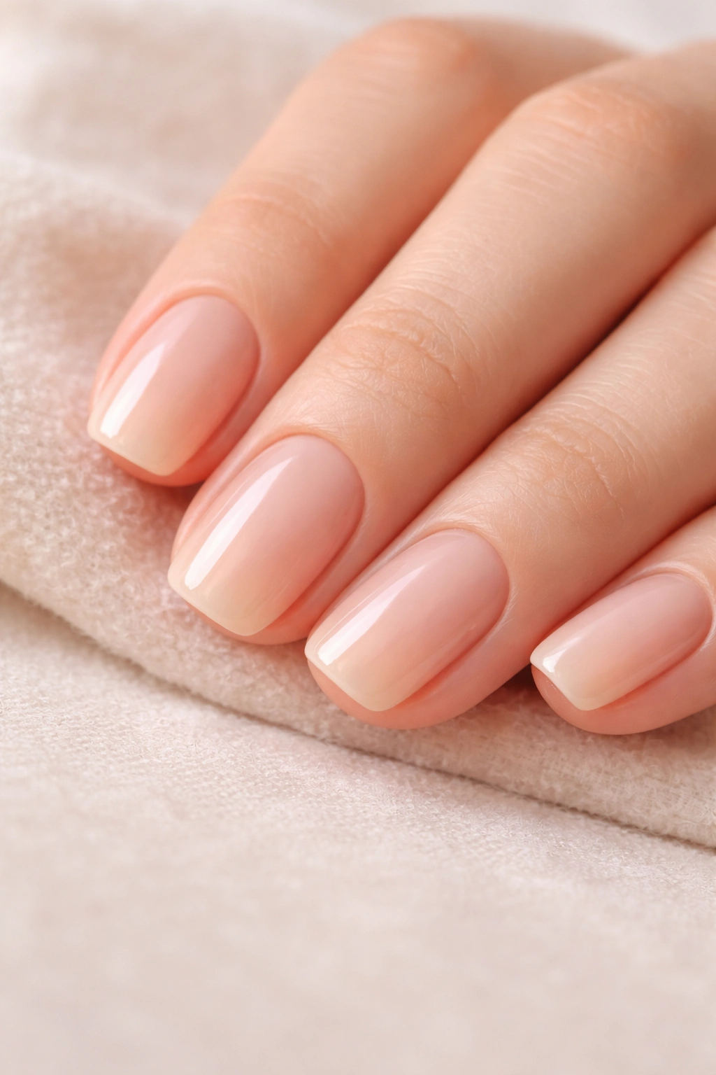Close-up of short squoval nails in a minimalist manicure on a neutral surface