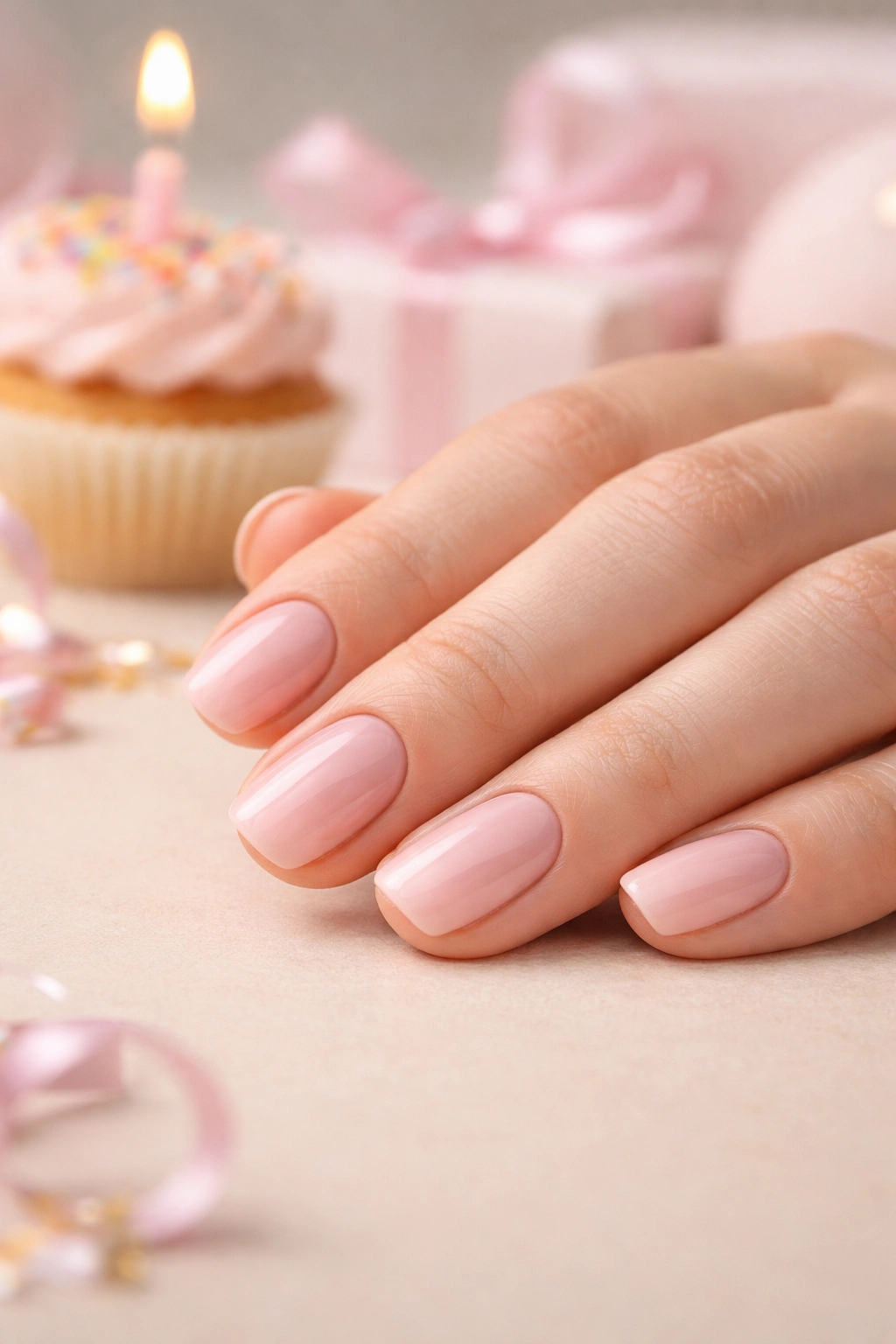 Close-up of a hand with short squoval nails, polished nails in a neutral setting, no text
