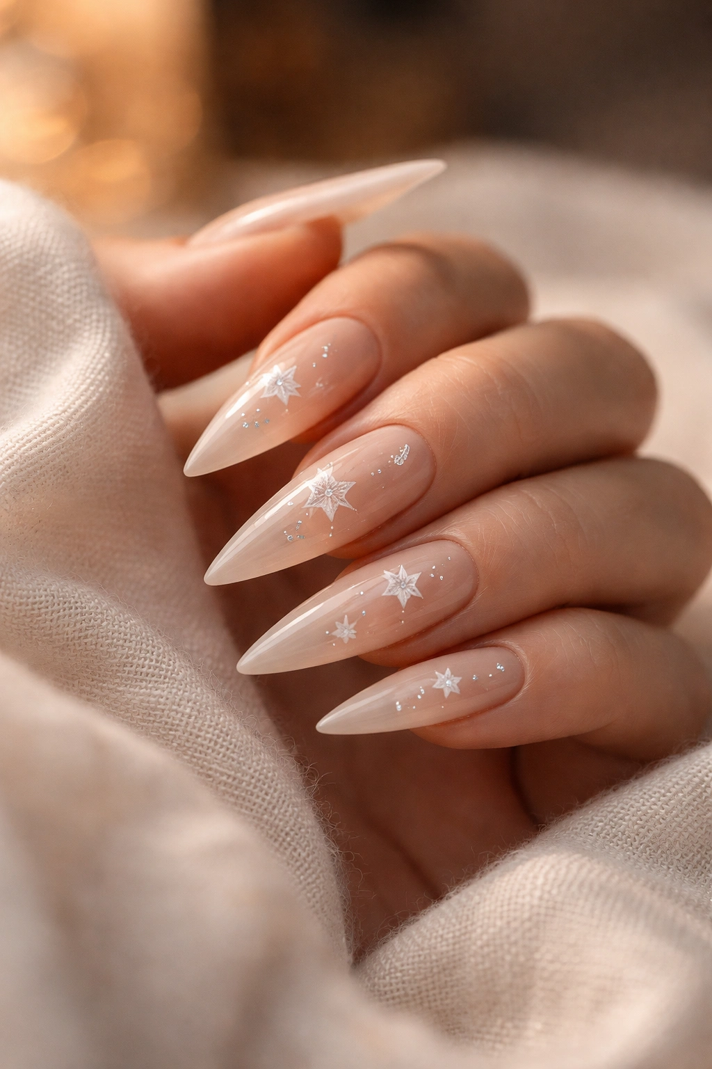 Hand with star nail art resting on soft fabric in warm lighting