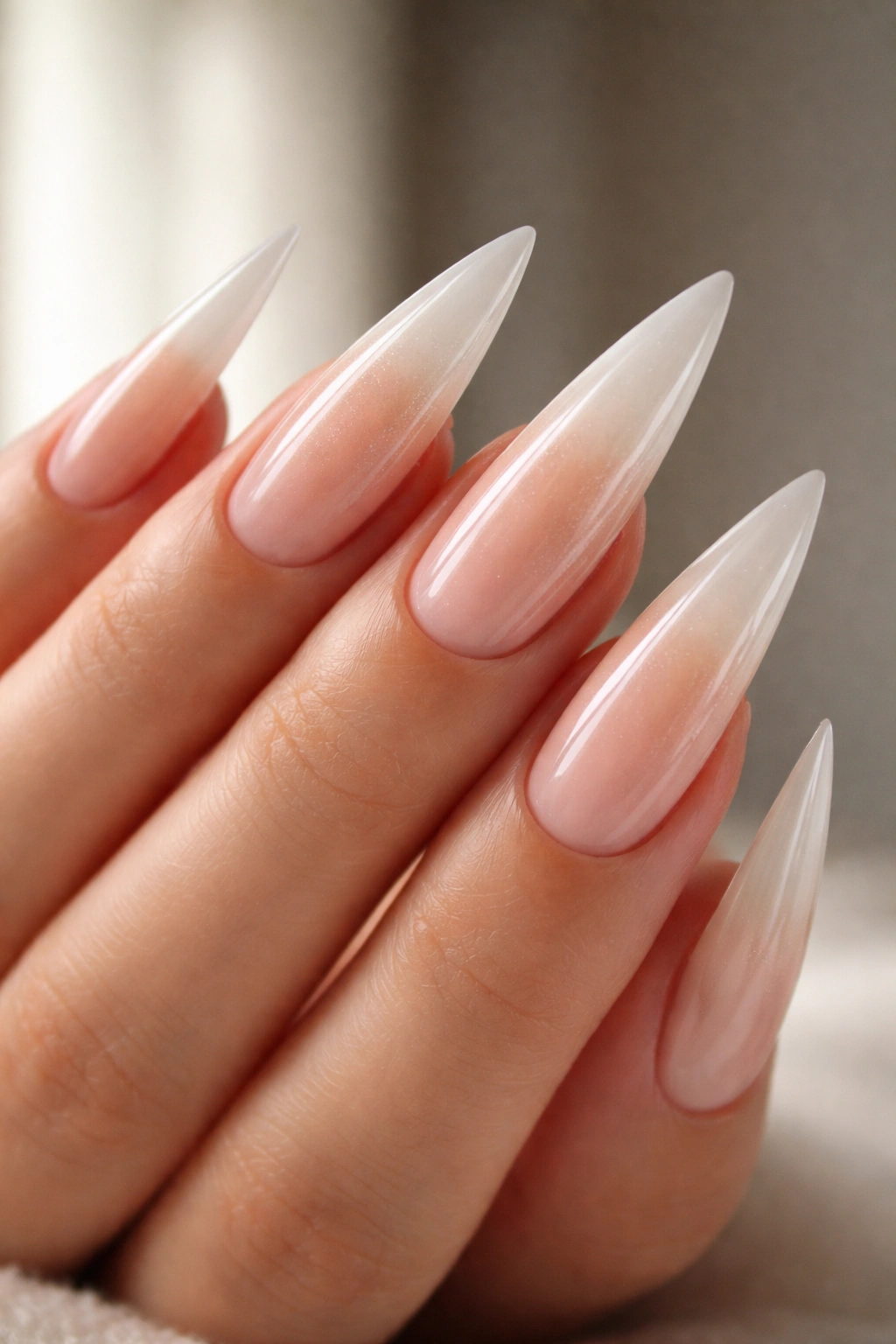 Close-up of flawless stiletto nails in a neutral gradient on a minimal studio backdrop