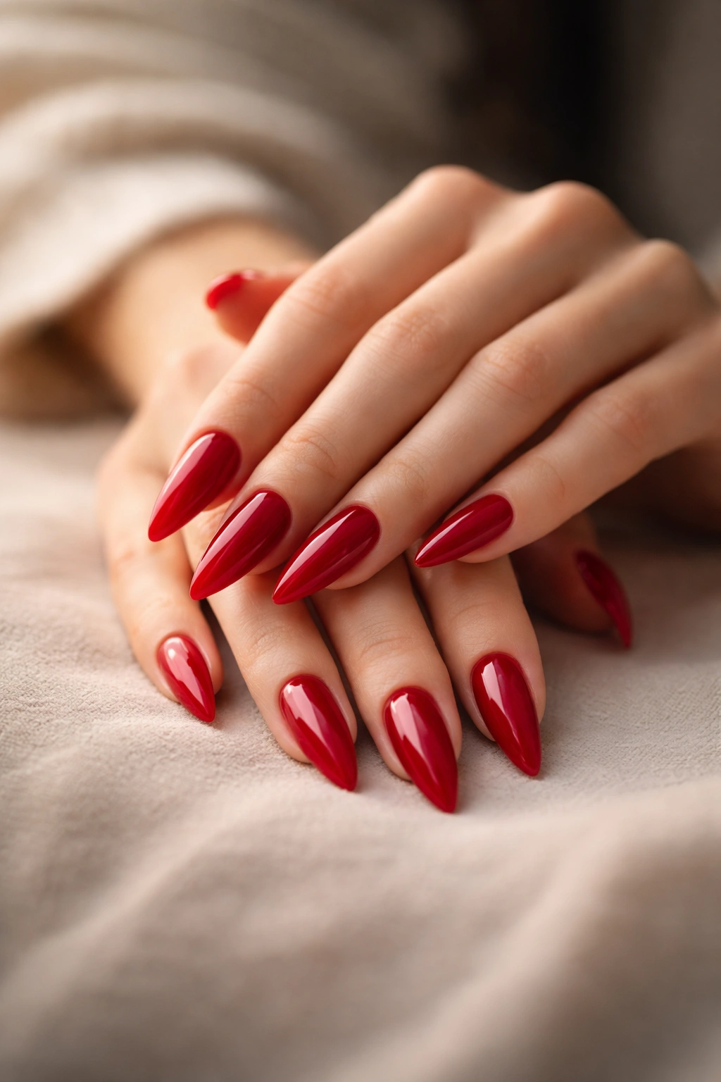 Close-up of hands with cherry red stiletto nails in a contemplative pose