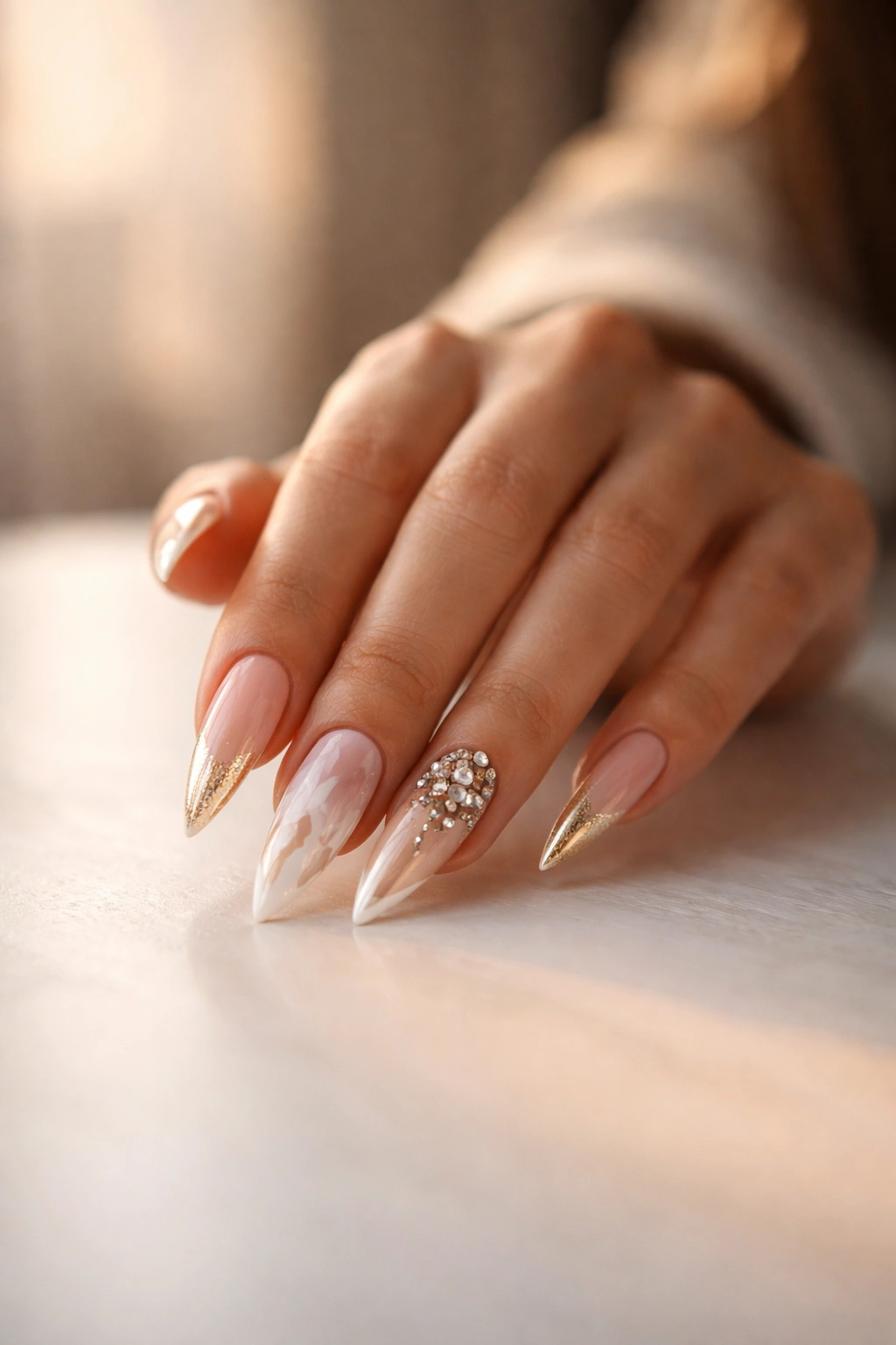 Hand with elegant stiletto nails on a neutral background