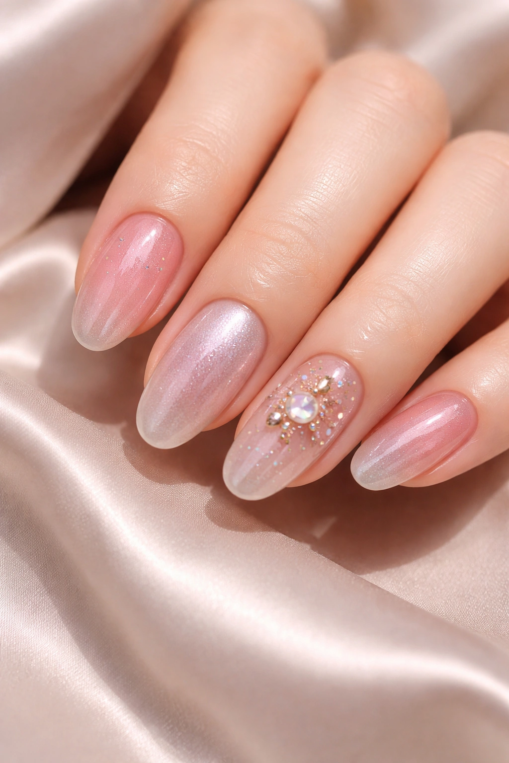 Close-up of a hand displaying jelly nails, velvet aura nails, and omakase nail art in a single manicure set