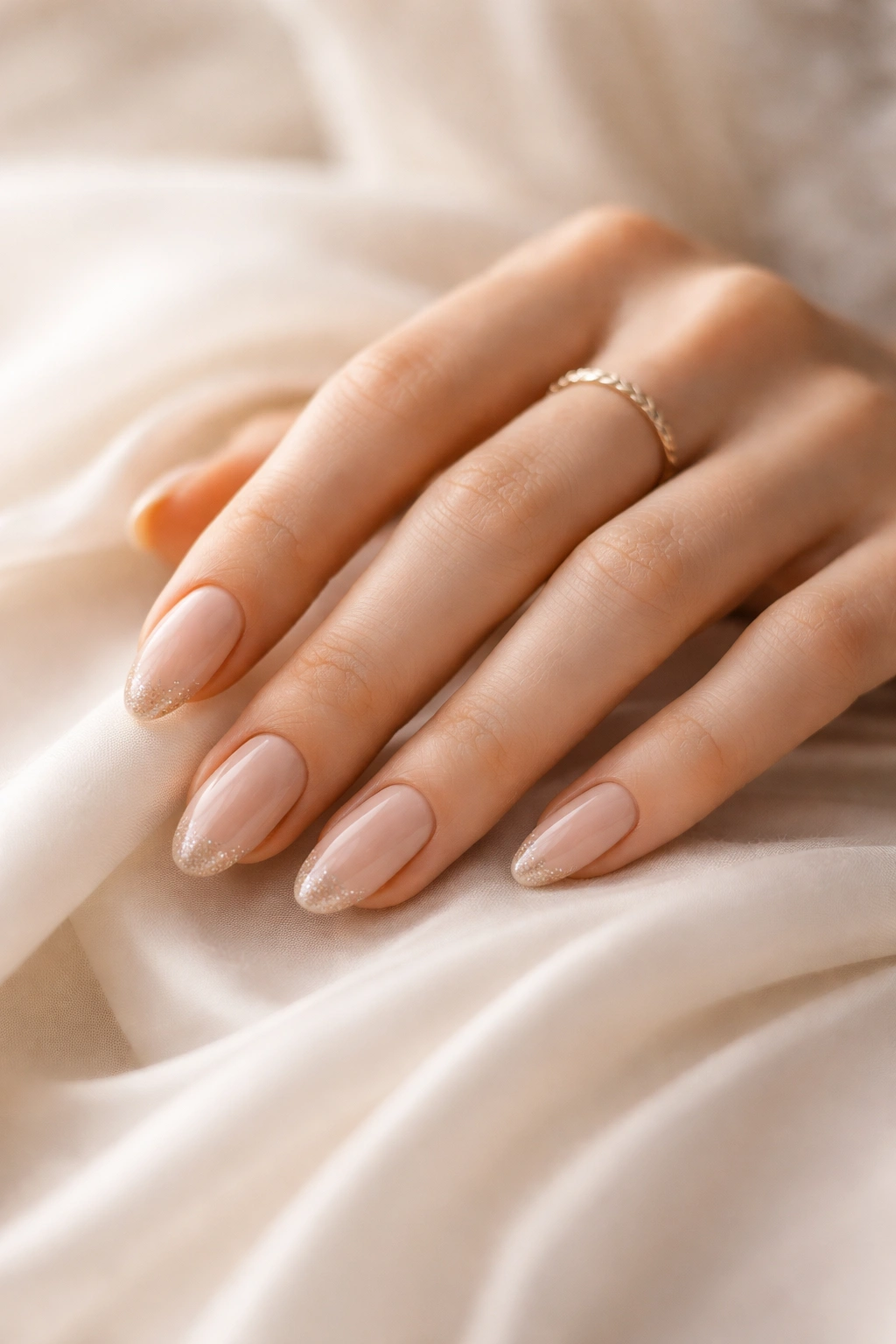 Close-up of a hand with neutral-toned manicure resting on light fabric