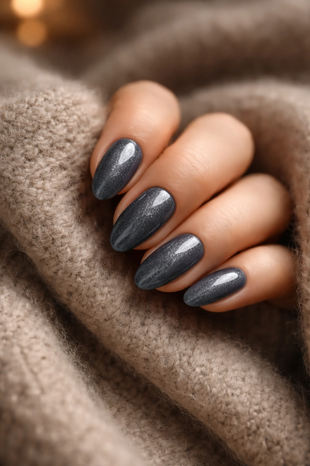 Close-up of hand with moody winter nails resting on soft fabric